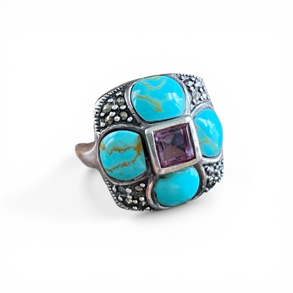 Vintage Sterling Silver 925 Turquoise Amethyst Marcasite Cocktail Ring Sz 7 Boho